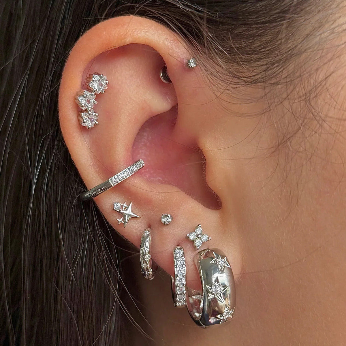 Silver Triple Star Earring Trio