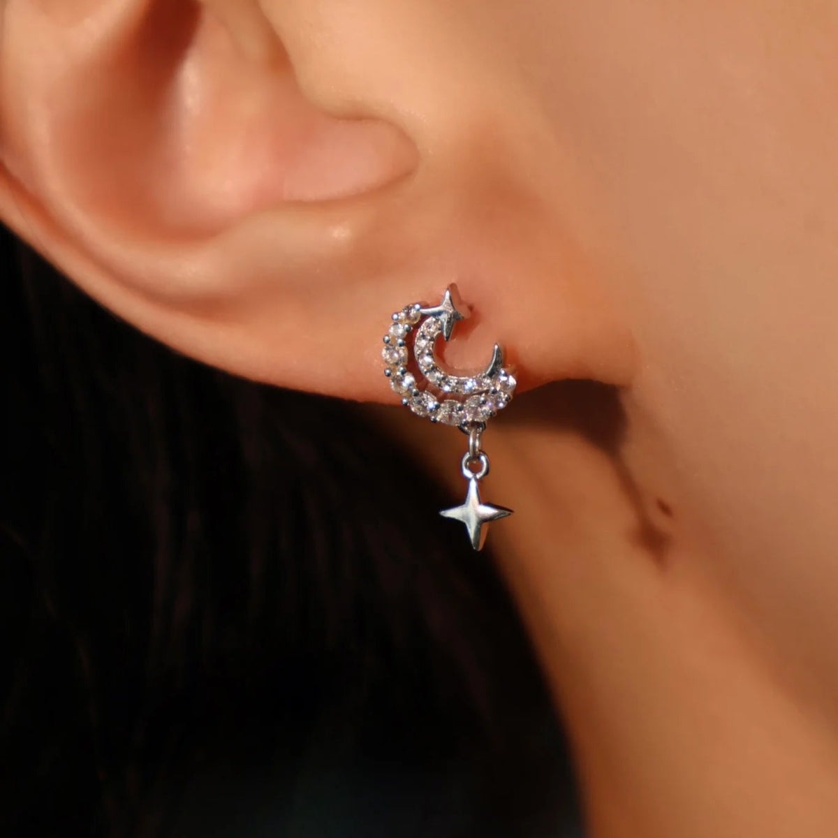 925 Sterling Silver Diamanté Moon & Star Earrings